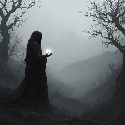 The primary subject of the image is a person dressed in a dark robe, standing in a foggy, wooded area. The person is holding a moon in their hand, creating a mysterious and enchanting atmosphere. The setting is a forest with trees surrounding the person, and the visual style appears to be a combination of a photo and digital art. The colors in the image are predominantly dark, with the fog and the person's robe adding a sense of mystery to the scene.
